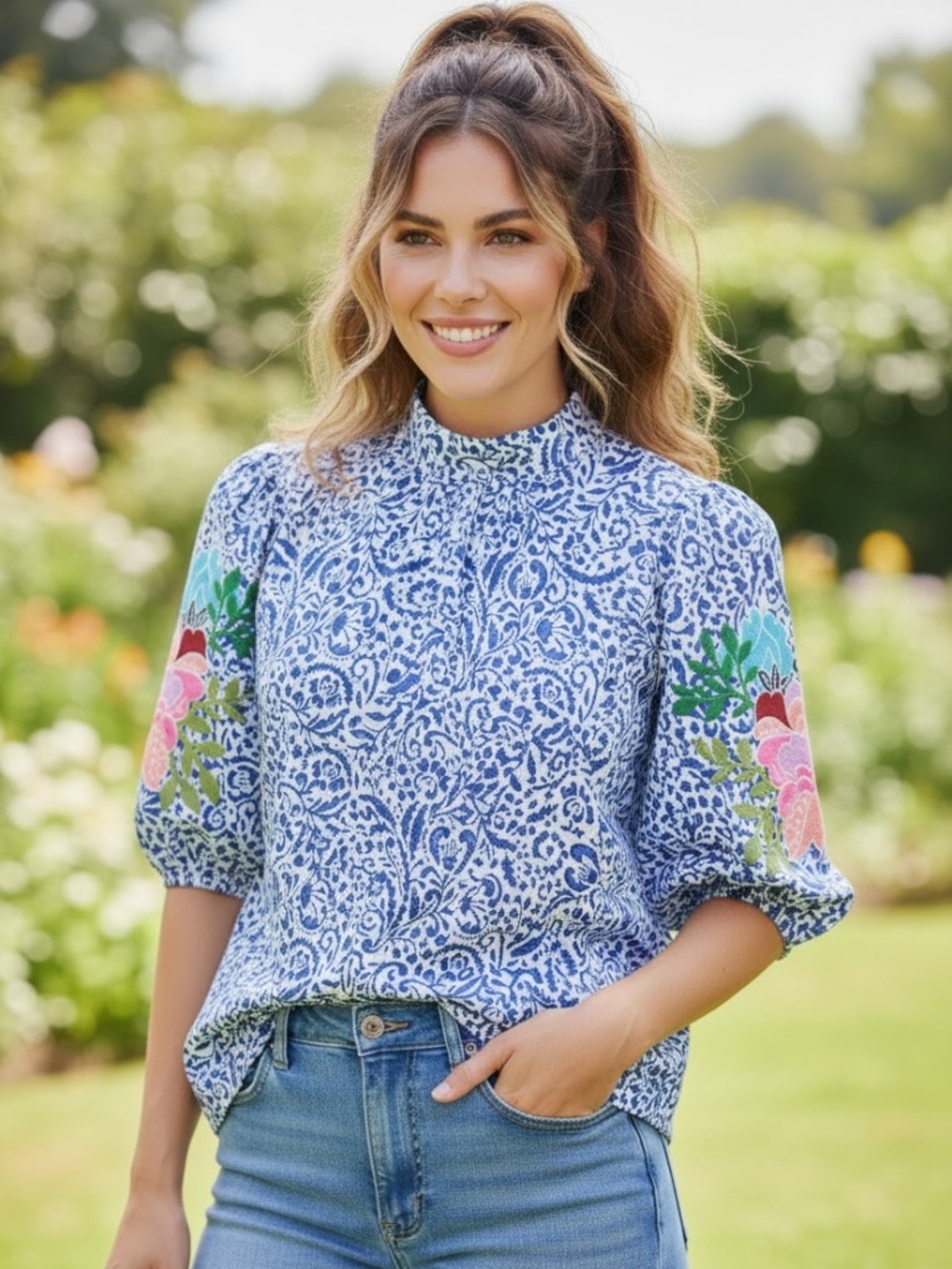 THML Blue Floral Blouse with Multicolor Embroidered sleeves size medium